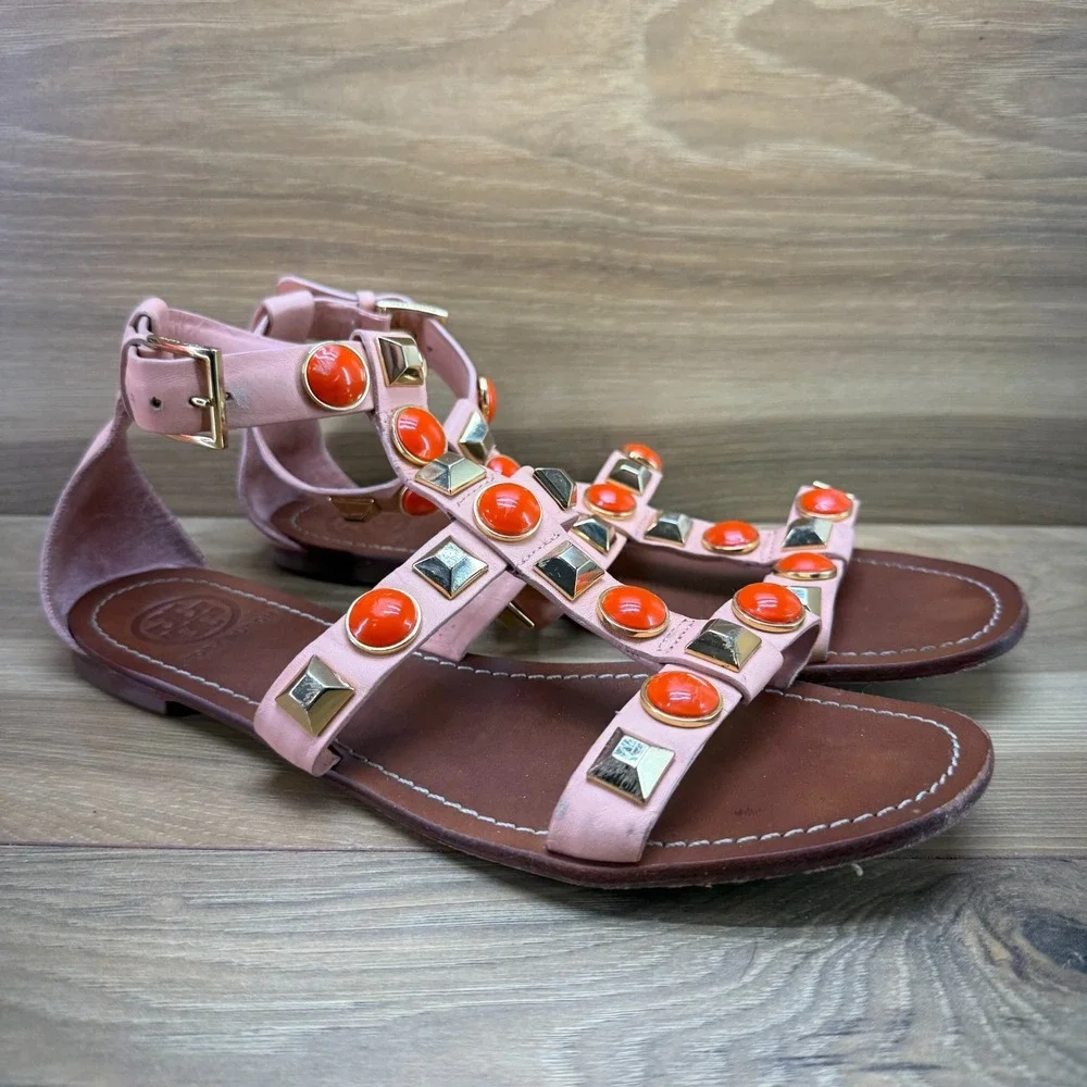 Tory Burch Coral Studded Caged Sandals 9 M Leather Gold Square Toe Ankle Strap